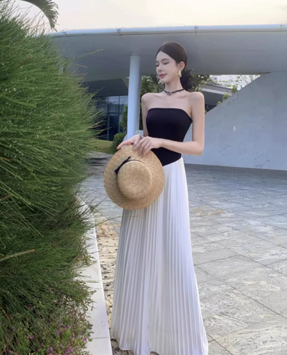 White-Black Splicing Strapless Flowy Hem Sundress Waist-Cinching Long Dress AP0629