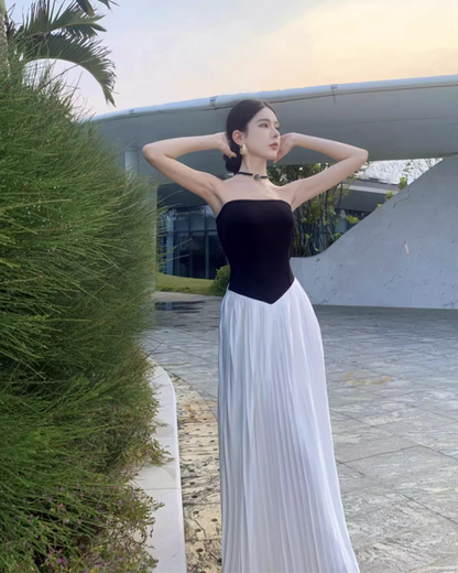 White-Black Splicing Strapless Flowy Hem Sundress Waist-Cinching Long Dress AP0629