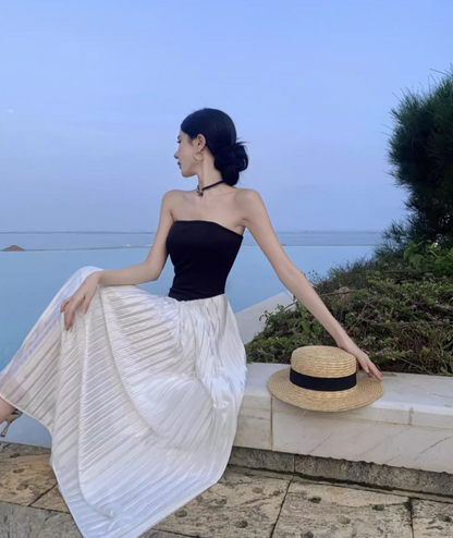 White-Black Splicing Strapless Flowy Hem Sundress Waist-Cinching Long Dress AP0629