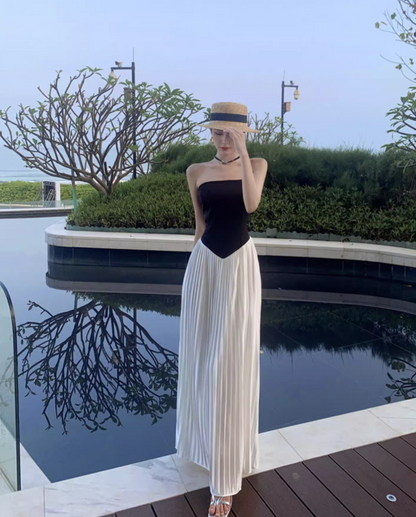 White-Black Splicing Strapless Flowy Hem Sundress Waist-Cinching Long Dress AP0629