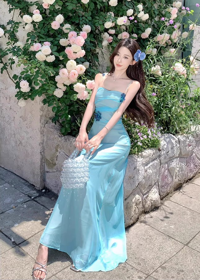 Lustrous Fabric Simple Flattering Maxi Dress Ethereal Spaghetti Strap Long Dress AP0630