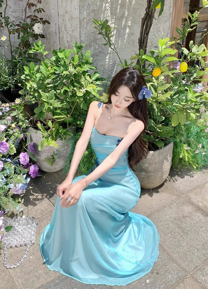 Lustrous Fabric Simple Flattering Maxi Dress Ethereal Spaghetti Strap Long Dress AP0630