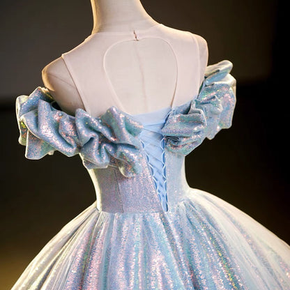 Lustrous Sequin Ice Blue Strapless Ruffles Dazzling A-line Long Prom Dress AP0631