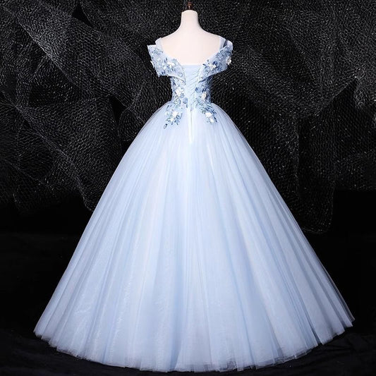 Off-Shoulder Blue Short Sleeve Mesh Hem Sweetheart Neck A-line Prom Long Dress AP0632