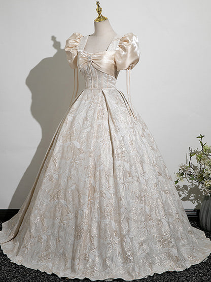 New Arrival Champagne Puff Sleeve Elegant Square Neck A-line Prom Long Dress AP0633