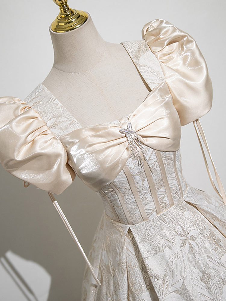 New Arrival Champagne Puff Sleeve Elegant Square Neck A-line Prom Long Dress AP0633