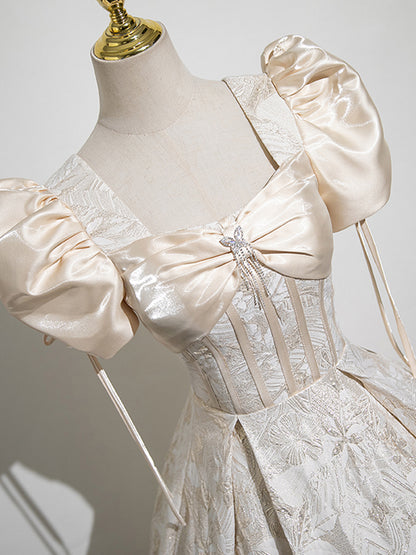 New Arrival Champagne Puff Sleeve Elegant Square Neck A-line Prom Long Dress AP0633