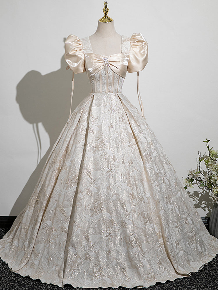 New Arrival Champagne Puff Sleeve Elegant Square Neck A-line Prom Long Dress AP0633