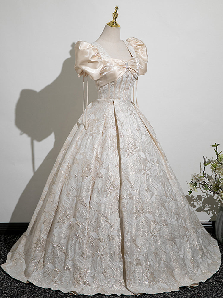 New Arrival Champagne Puff Sleeve Elegant Square Neck A-line Prom Long Dress AP0633