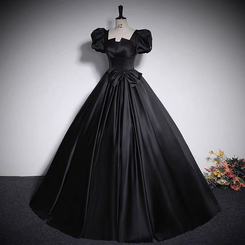 Chic Black Puff Sleeve Elegant Square Neck Shimmering A-line Prom Long Dress AP0634