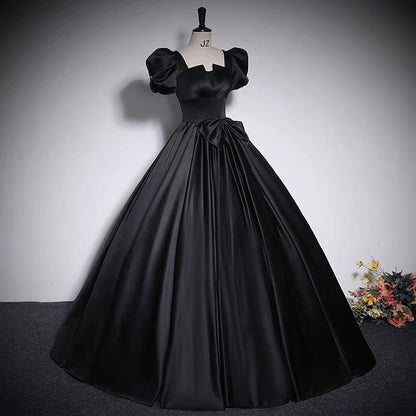 Chic Black Puff Sleeve Elegant Square Neck Shimmering A-line Prom Long Dress AP0634
