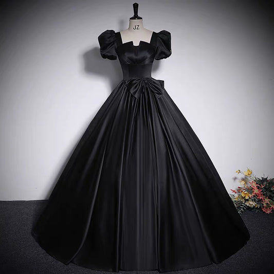 Chic Black Puff Sleeve Elegant Square Neck Shimmering A-line Prom Long Dress AP0634