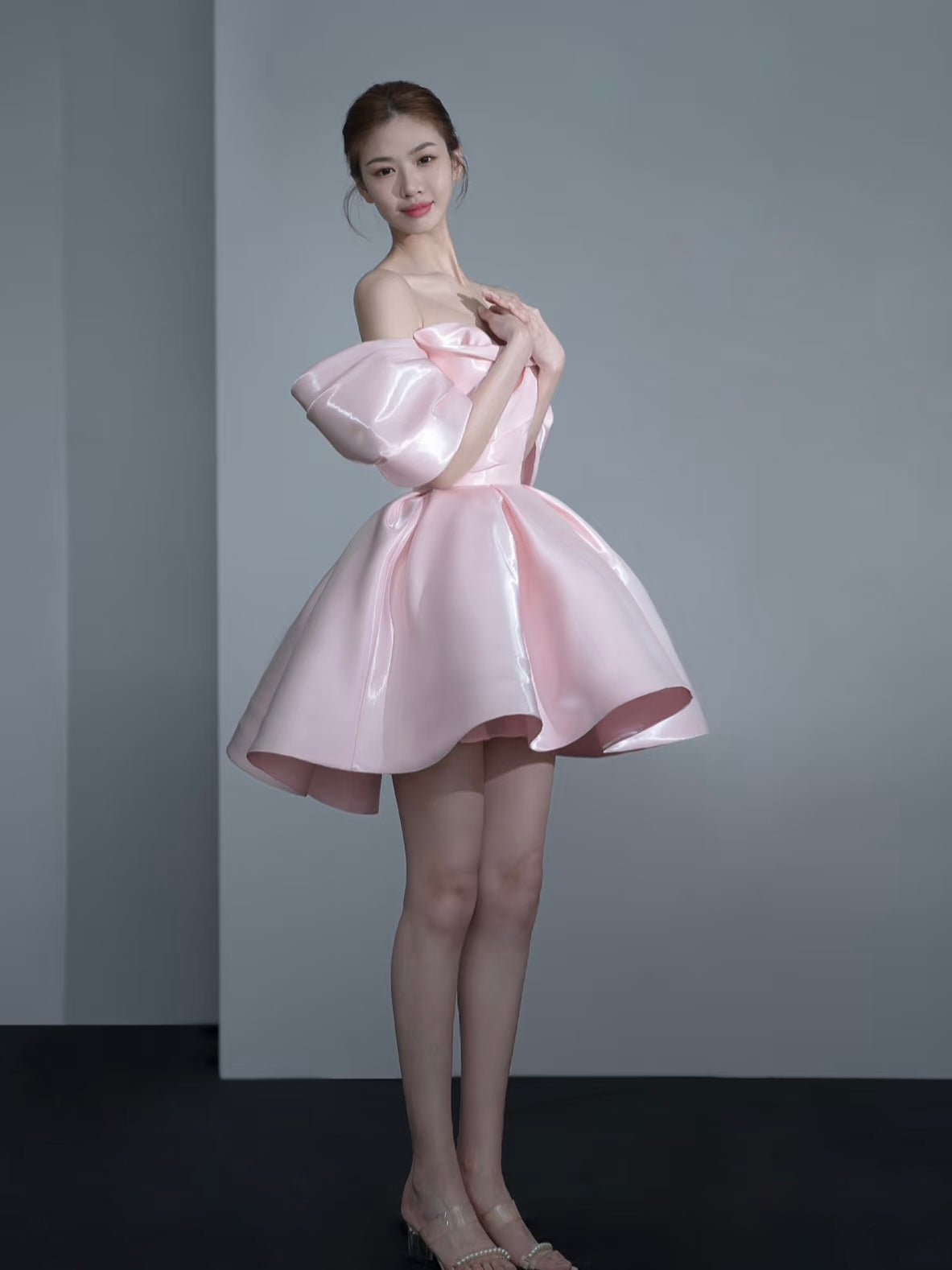 Chic Pink Off-Shoulder Cute Shimmering Fabric A-line Homecoming Short Dress AP0635