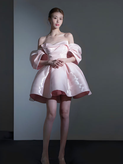 Chic Pink Off-Shoulder Cute Shimmering Fabric A-line Homecoming Short Dress AP0635