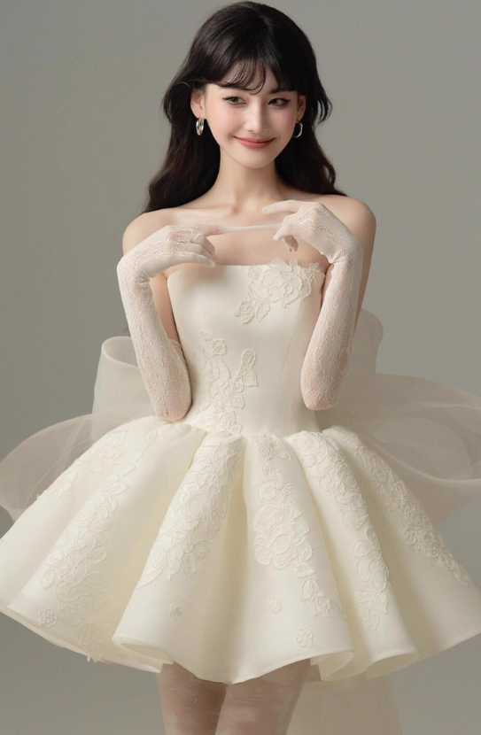 Ethereal Strapless Evening Dress Backless Tulle Bow-Knot A-line Homecoming Short Dress AP0636