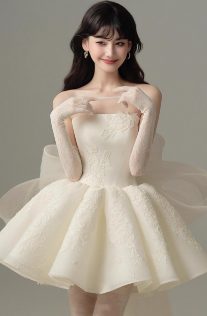 Ethereal Strapless Evening Dress Backless Tulle Bow-Knot A-line Homecoming Short Dress AP0636