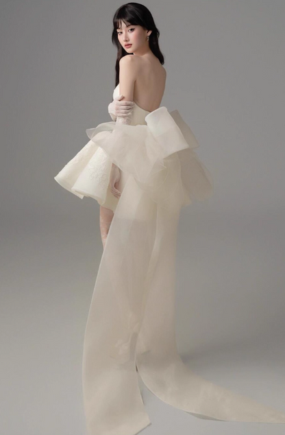 Ethereal Strapless Evening Dress Backless Tulle Bow-Knot A-line Homecoming Short Dress AP0636