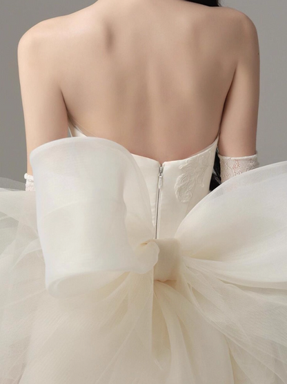Ethereal Strapless Evening Dress Backless Tulle Bow-Knot A-line Homecoming Short Dress AP0636