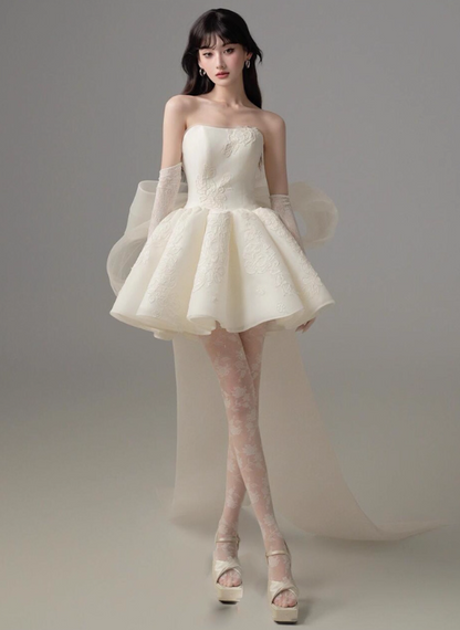 Ethereal Strapless Evening Dress Backless Tulle Bow-Knot A-line Homecoming Short Dress AP0636