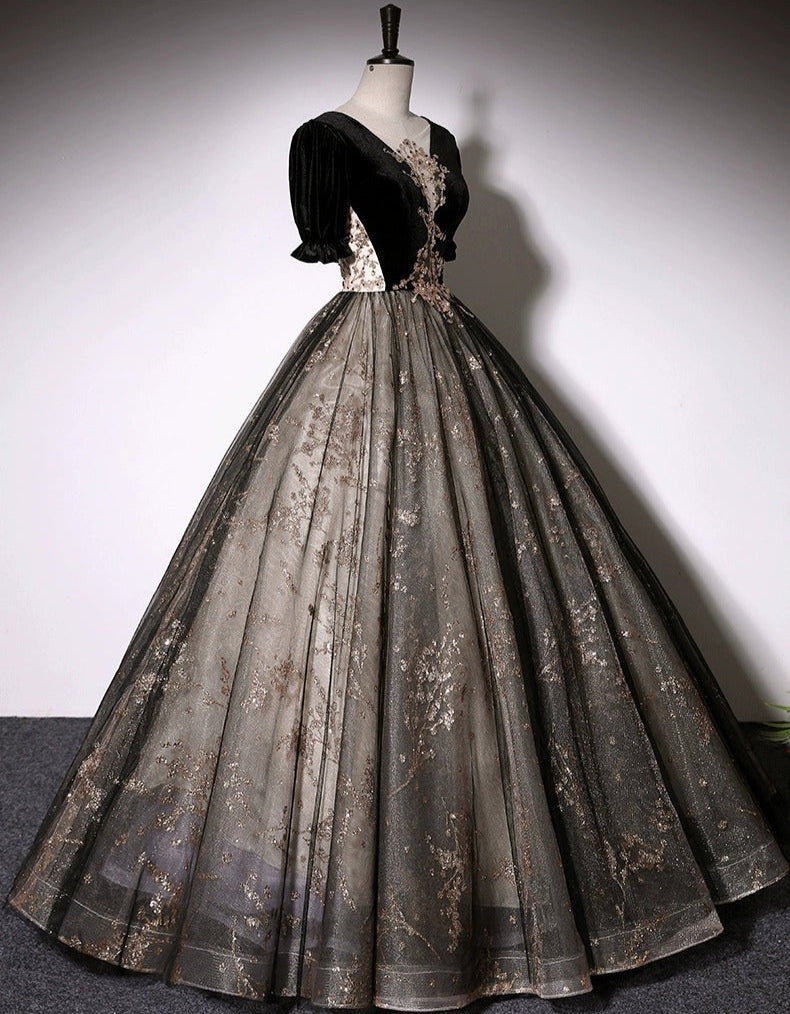 Elegant Mesh Hem Black Puff Sleeve V Neck Double Layers A-line Evening Prom Long Dress AP0637