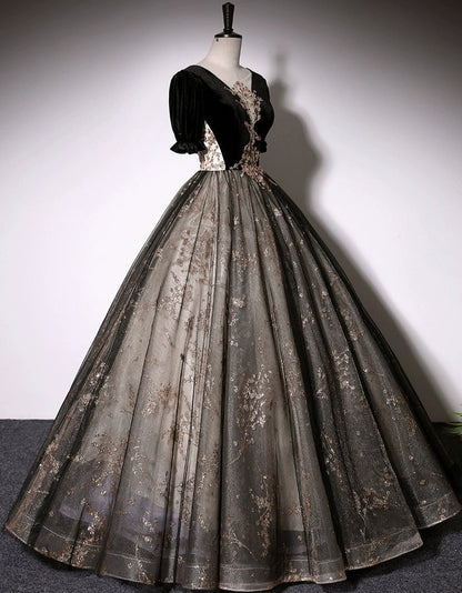 Elegant Mesh Hem Black Puff Sleeve V Neck Double Layers A-line Evening Prom Long Dress AP0637