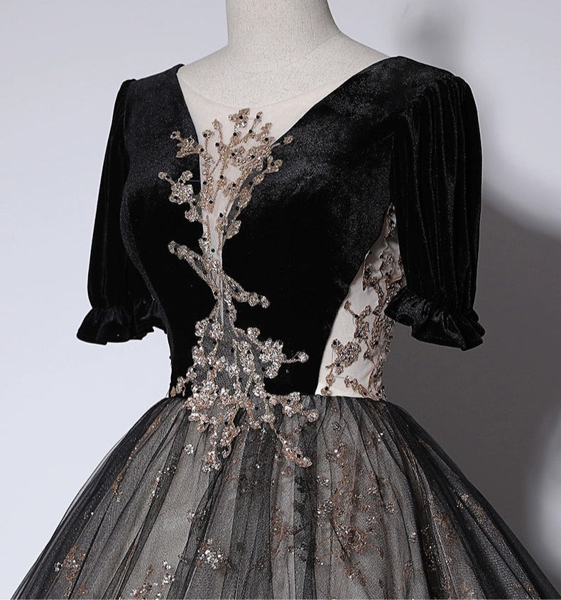 Elegant Mesh Hem Black Puff Sleeve V Neck Double Layers A-line Evening Prom Long Dress AP0637