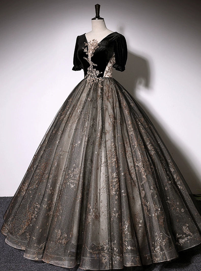 Elegant Mesh Hem Black Puff Sleeve V Neck Double Layers A-line Evening Prom Long Dress AP0637