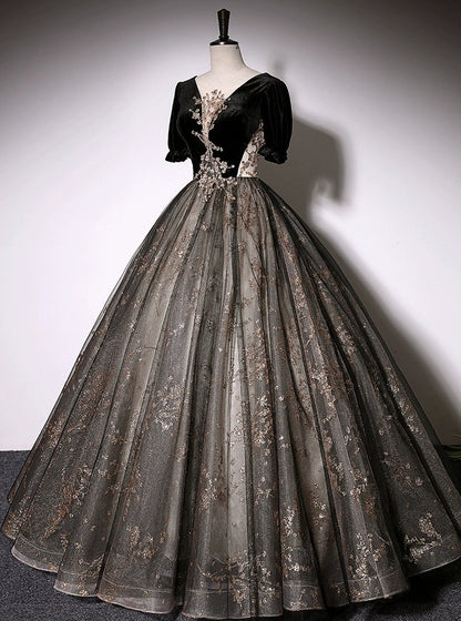 Elegant Mesh Hem Black Puff Sleeve V Neck Double Layers A-line Evening Prom Long Dress AP0637