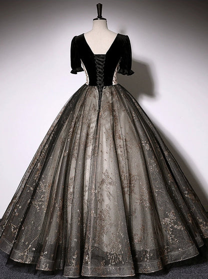 Elegant Mesh Hem Black Puff Sleeve V Neck Double Layers A-line Evening Prom Long Dress AP0637