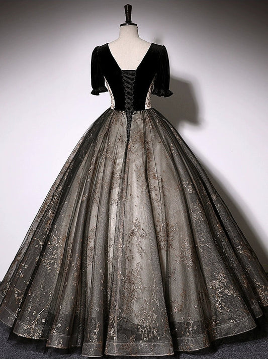 Elegant Mesh Hem Black Puff Sleeve V Neck Double Layers A-line Evening Prom Long Dress AP0637