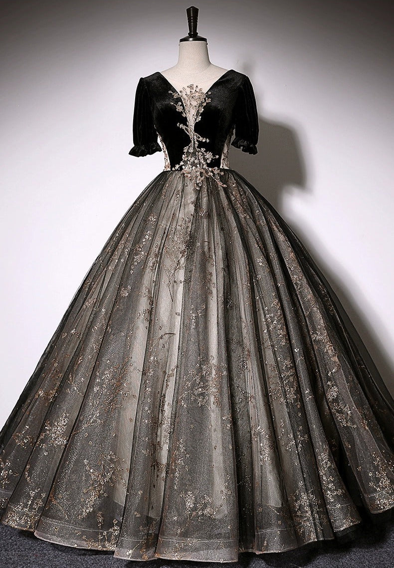 Elegant Mesh Hem Black Puff Sleeve V Neck Double Layers A-line Evening Prom Long Dress AP0637