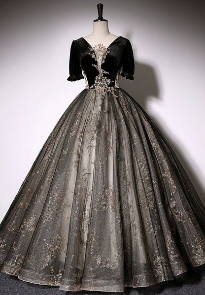 Elegant Mesh Hem Black Puff Sleeve V Neck Double Layers A-line Evening Prom Long Dress AP0637