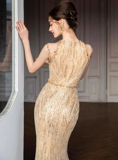 Elegant Champagne Sequin Mesh Hem Sheath Mermaid Evening Prom Long Dress AP0638