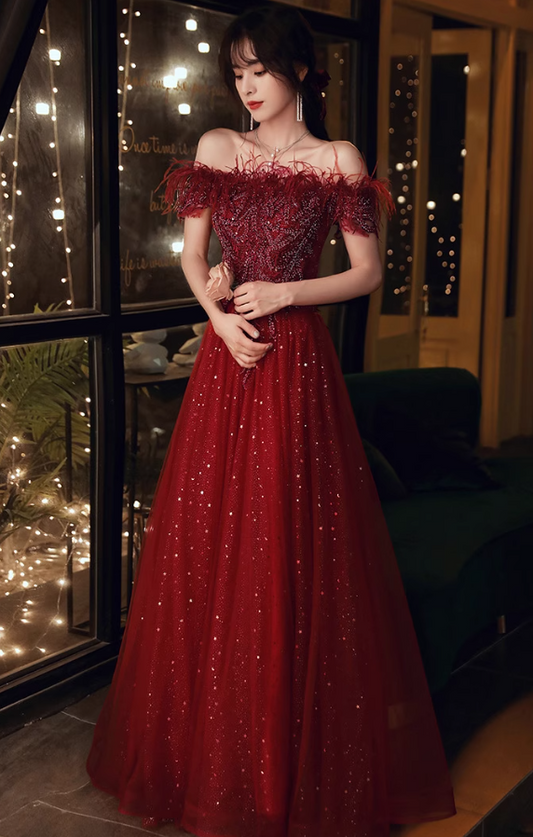 Mesh Hem Feather Red Off-Shoulder Glitter Sequin Double Layers A-line Prom Long Dress AP0639