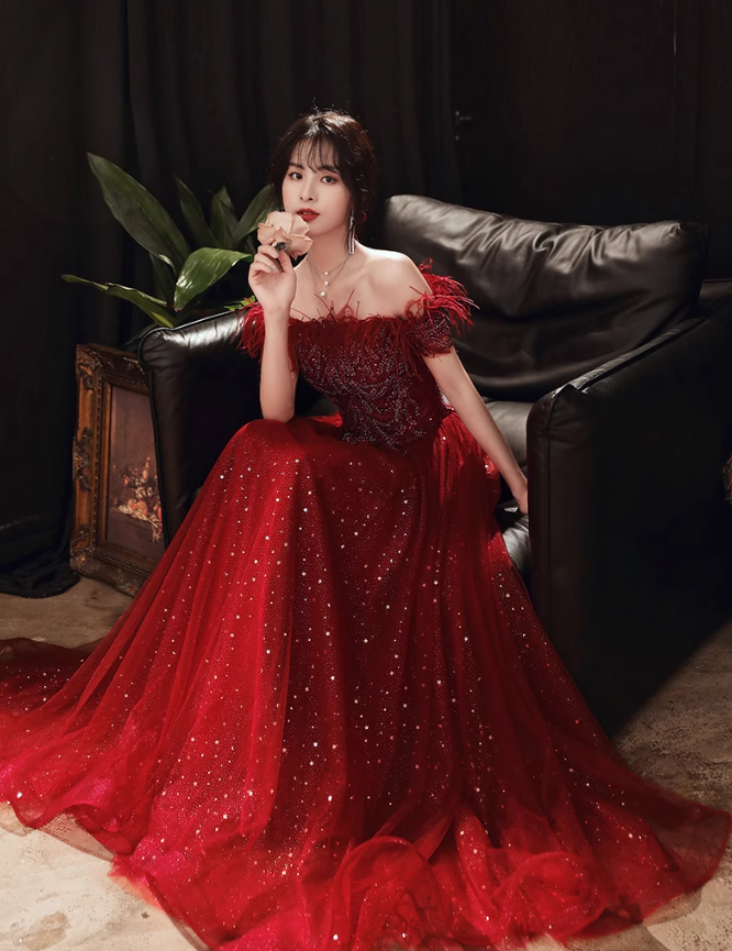 Mesh Hem Feather Red Off-Shoulder Glitter Sequin Double Layers A-line Prom Long Dress AP0639