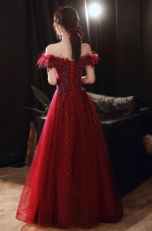 Mesh Hem Feather Red Off-Shoulder Glitter Sequin Double Layers A-line Prom Long Dress AP0639