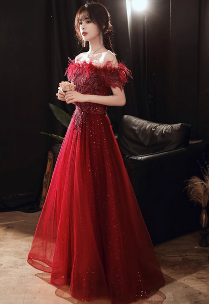 Mesh Hem Feather Red Off-Shoulder Glitter Sequin Double Layers A-line Prom Long Dress AP0639