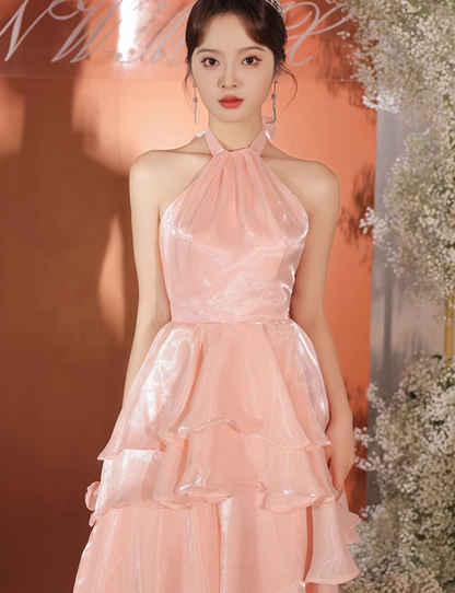 Sweet Pink A-Line Lustrous Ruffled Hem Halter Neck Evening Prom Long Dress AP0640