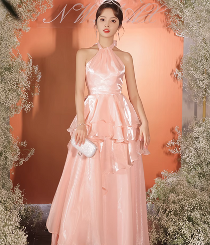 Sweet Pink A-Line Lustrous Ruffled Hem Halter Neck Evening Prom Long Dress AP0640