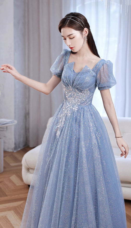 Luxury Sparkle Fabric Beading Mesh Hem Puff Sleeve Square Neck A-line Sheath Evening Prom Dress AP0642