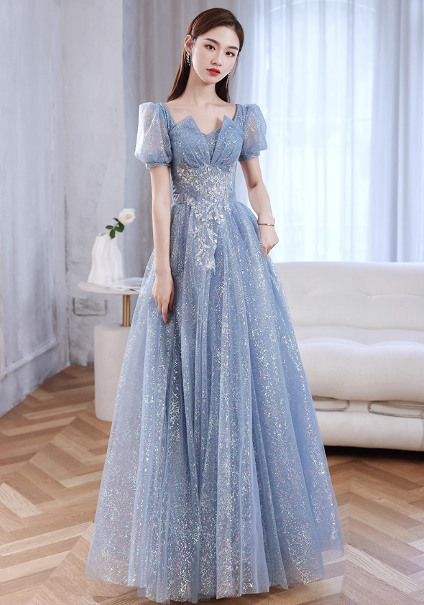 Luxury Sparkle Fabric Beading Mesh Hem Puff Sleeve Square Neck A-line Sheath Evening Prom Dress AP0642