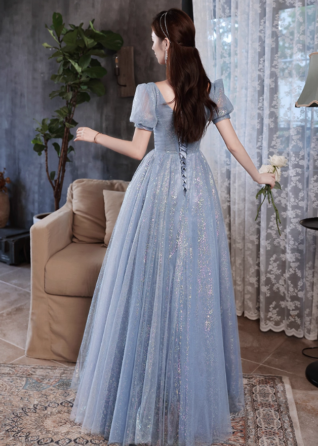Luxury Sparkle Fabric Beading Mesh Hem Puff Sleeve Square Neck A-line Sheath Evening Prom Dress AP0642