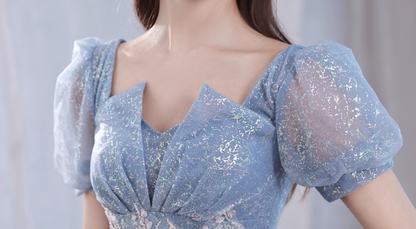 Luxury Sparkle Fabric Beading Mesh Hem Puff Sleeve Square Neck A-line Sheath Evening Prom Dress AP0642