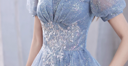 Luxury Sparkle Fabric Beading Mesh Hem Puff Sleeve Square Neck A-line Sheath Evening Prom Dress AP0642