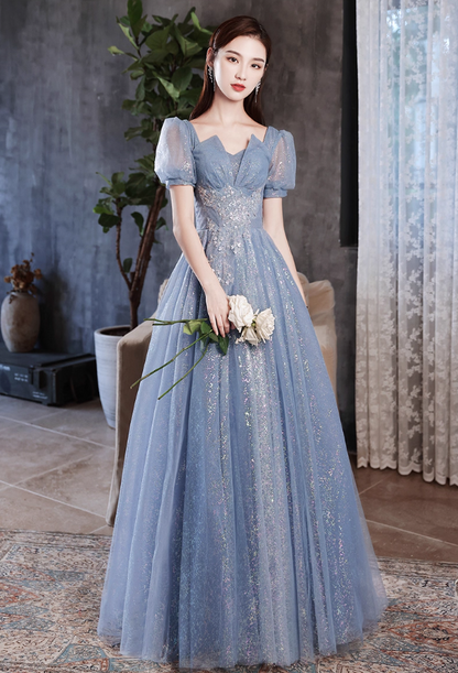 Luxury Sparkle Fabric Beading Mesh Hem Puff Sleeve Square Neck A-line Sheath Evening Prom Dress AP0642