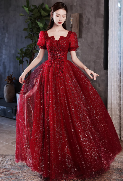 Charming Sparkle Rhinestone Beading Mesh Hem Puff Sleeve A-line Prom Dress AP0643