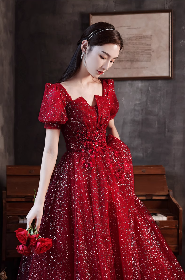 Charming Sparkle Rhinestone Beading Mesh Hem Puff Sleeve A-line Prom Dress AP0643