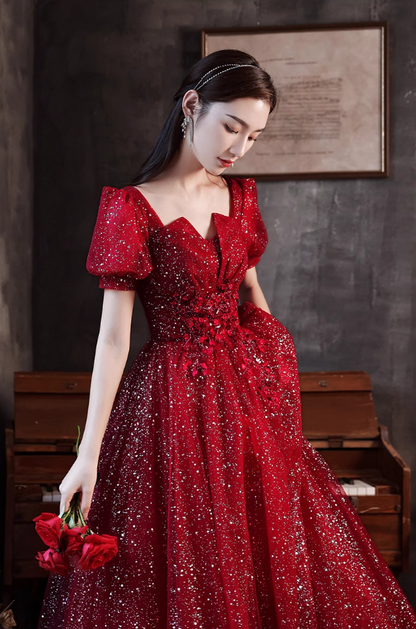 Charming Sparkle Rhinestone Beading Mesh Hem Puff Sleeve A-line Prom Dress AP0643