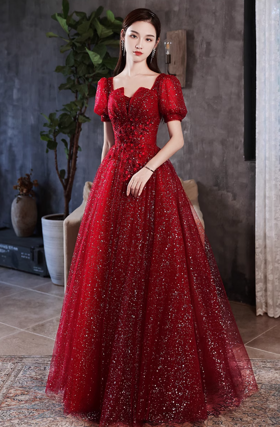 Charming Sparkle Rhinestone Beading Mesh Hem Puff Sleeve A-line Prom Dress AP0643