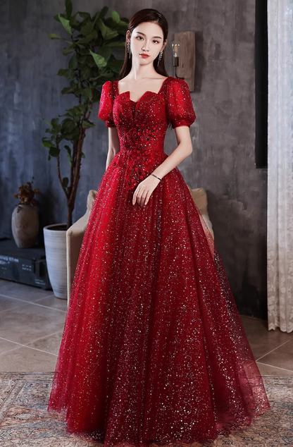 Charming Sparkle Rhinestone Beading Mesh Hem Puff Sleeve A-line Prom Dress AP0643